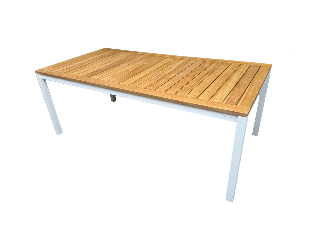 Axial tuintafel 200x100 wit aluminium frame en teak tafelblad